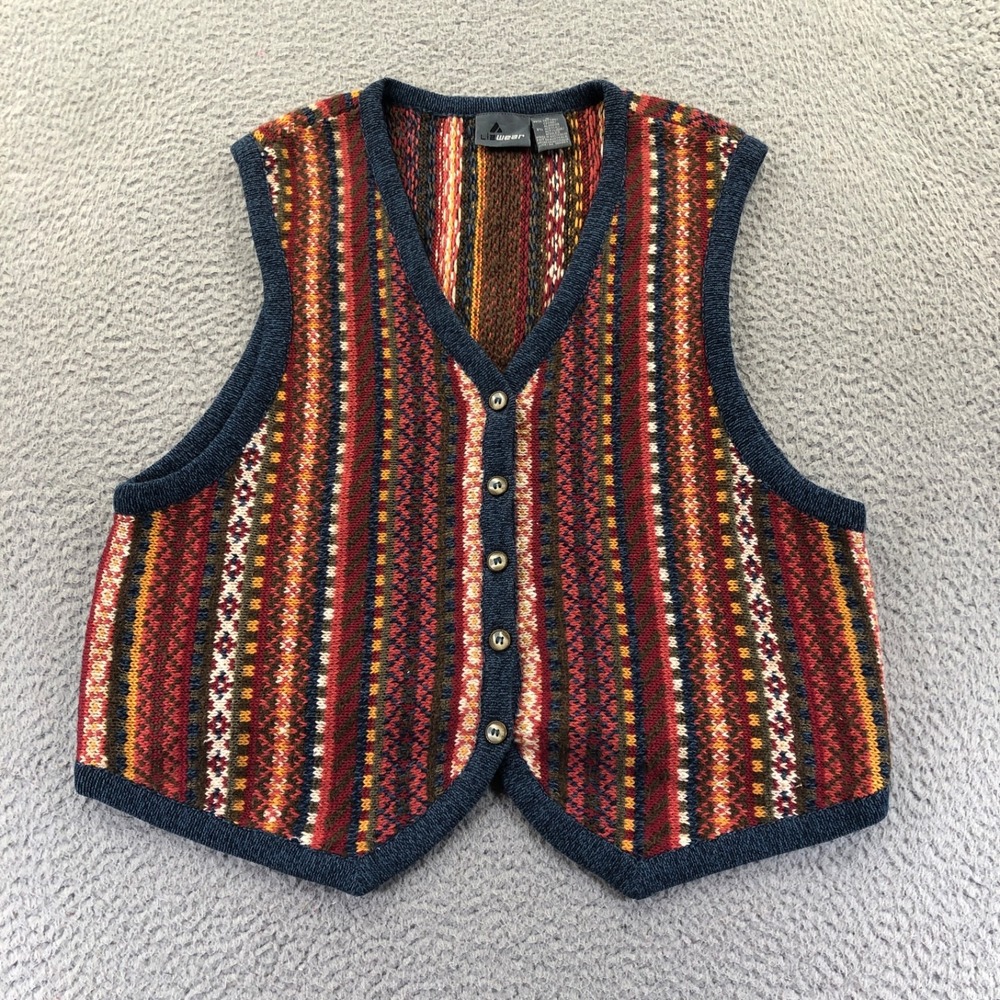 Vintage Liz Wear Sweater Vest Womens Medium Red Knit Cardigan Button Tribal 90s